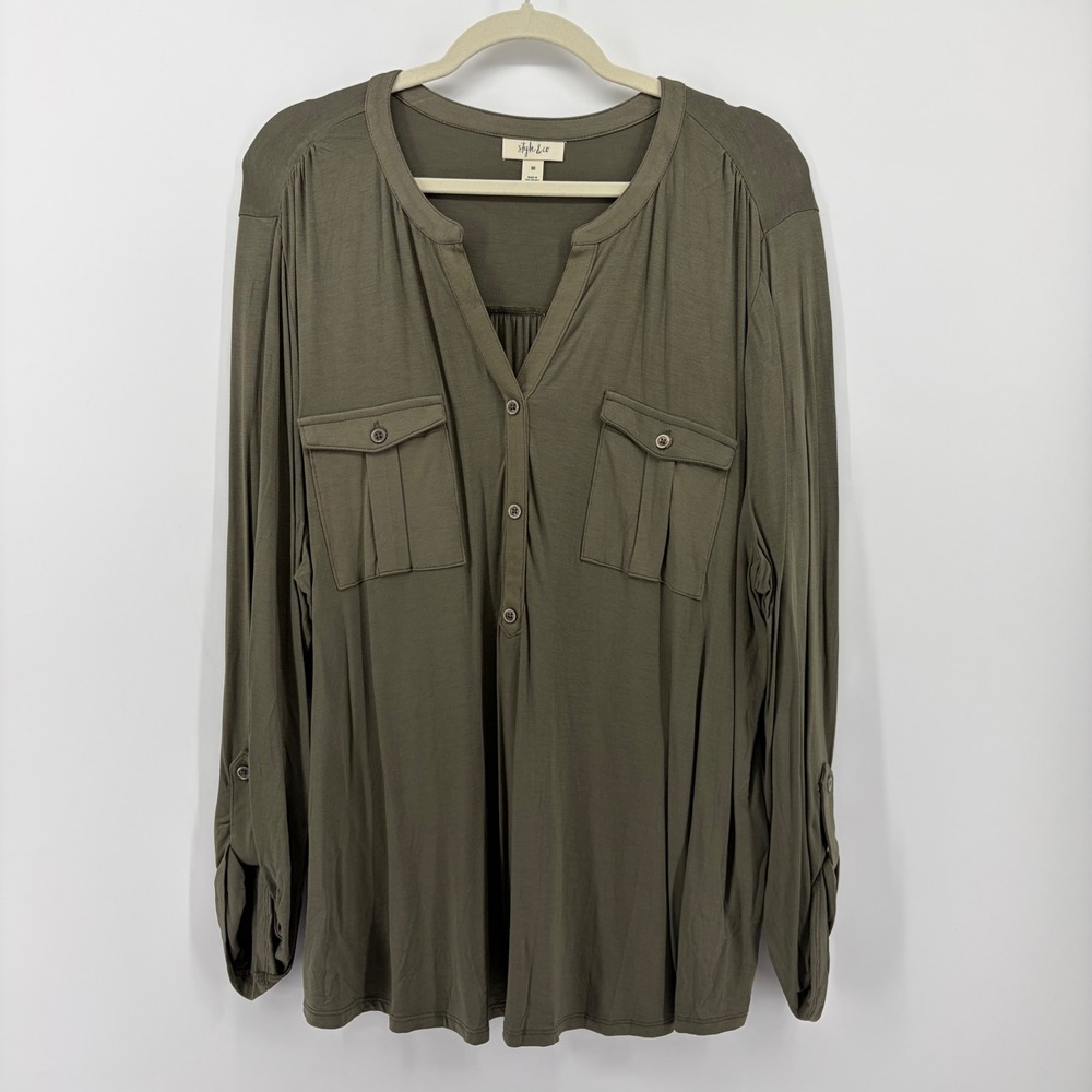 Style & Co 3X Olive Green Knit Top Roll-Tab Sleeve Utility‎ Pocket Split Neck